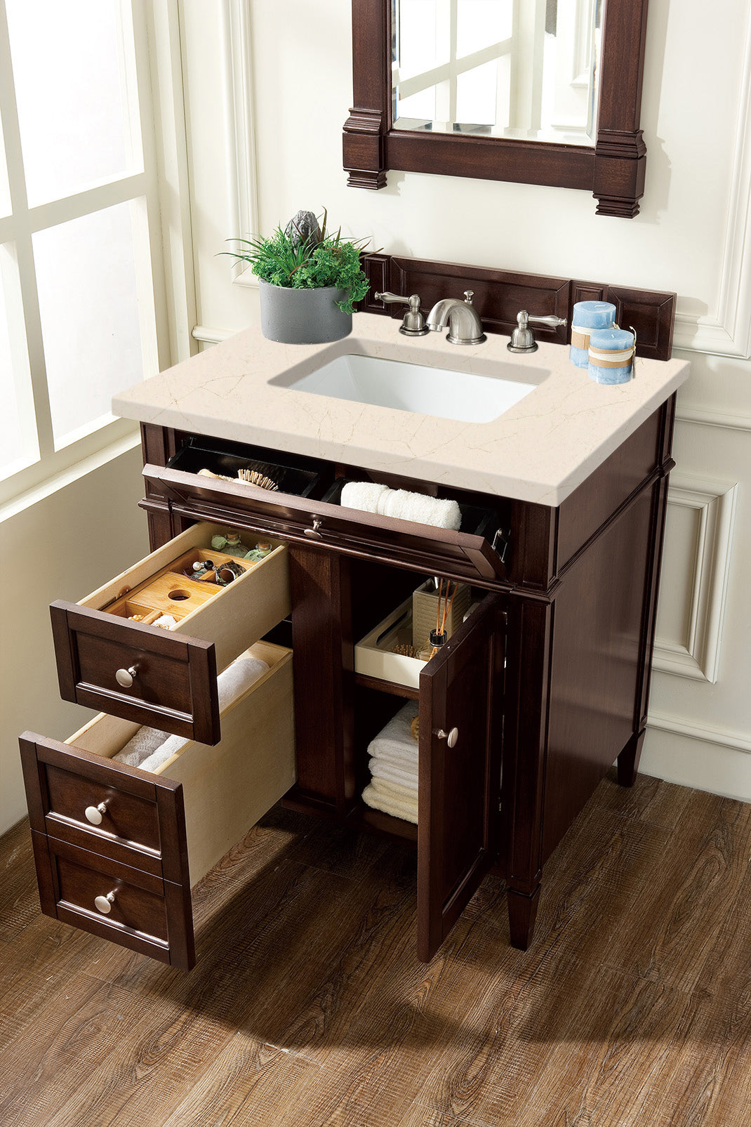 Brittany 30" Single Vanity, Burnished Mahogany, w/ 3 CM Eternal Marfil Quartz Top James Martin Vanities