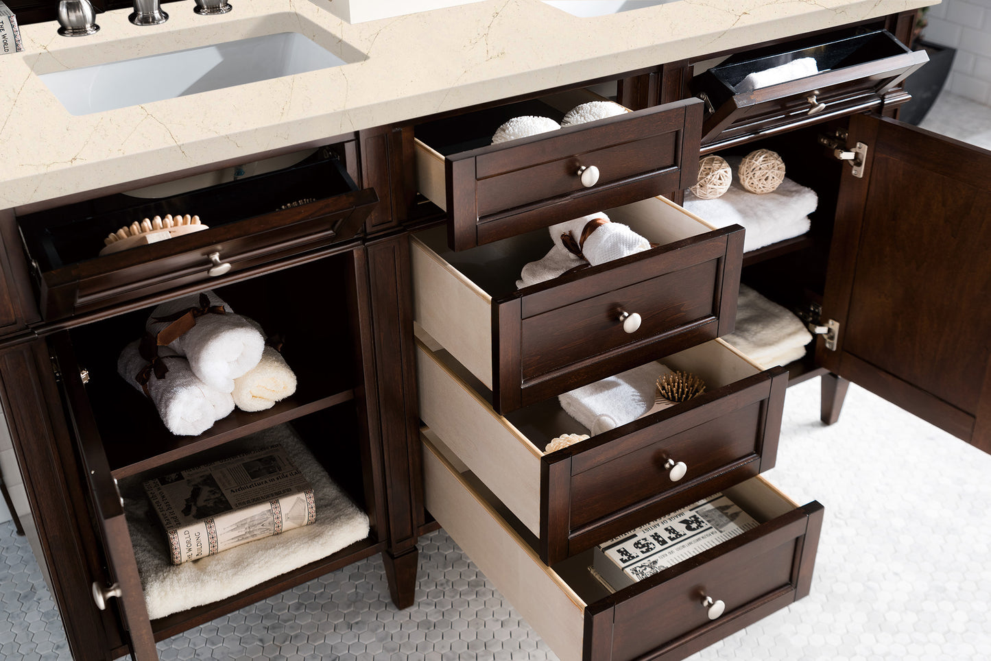 Brittany 60" Burnished Mahogany Double Vanity w/ 3 CM Eternal Marfil Quartz Top James Martin Vanities