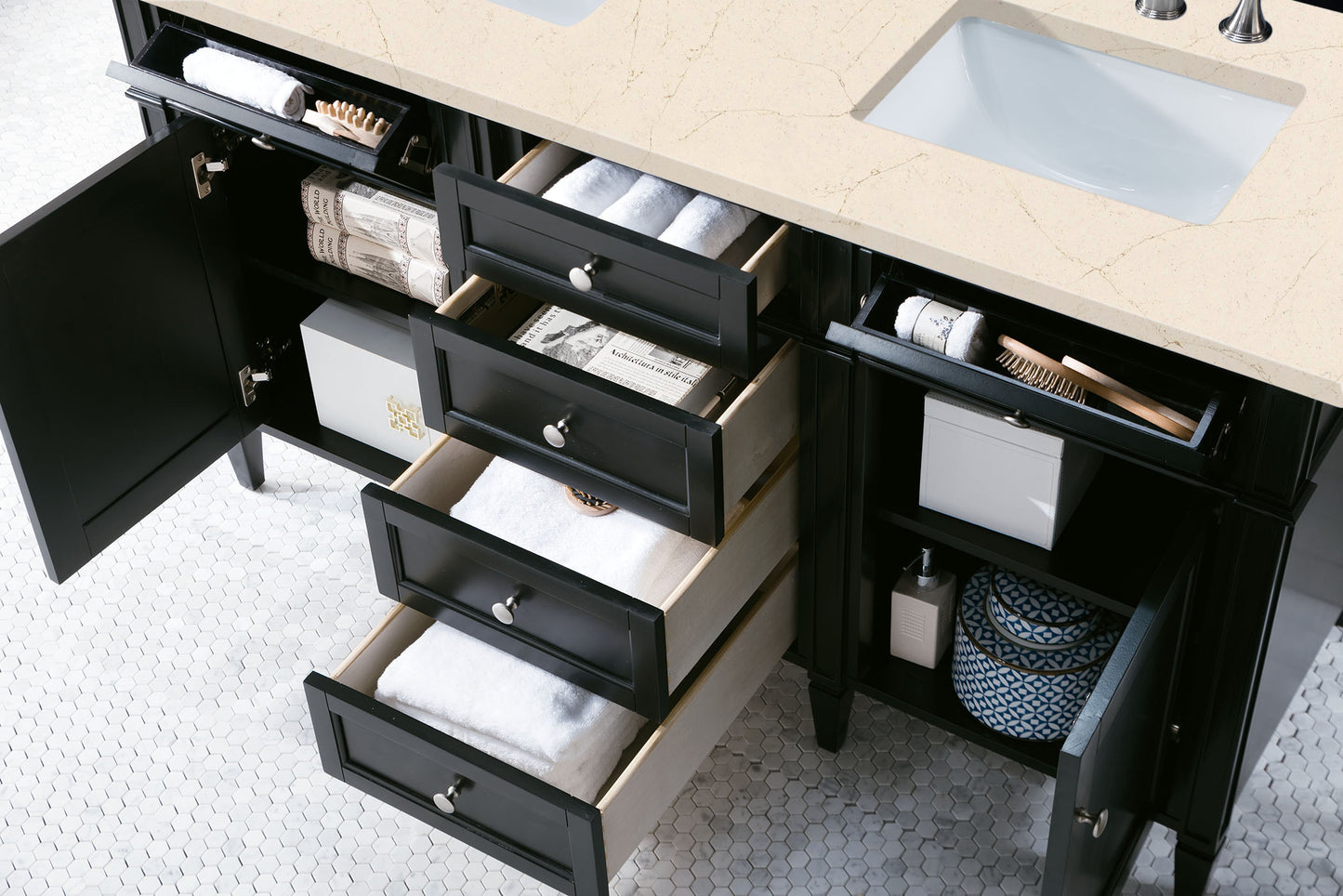 Brittany 60" Black Onyx Double Vanity w/ 3 CM Eternal Marfil Quartz Top James Martin Vanities
