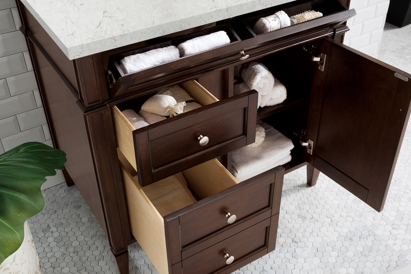 Bathroom Vanities Outlet Atlanta Renovate for LessBrittany 36" Burnished Mahogany Single Vanity w/ 3 CM Eternal Jasmine Pearl Quartz Top