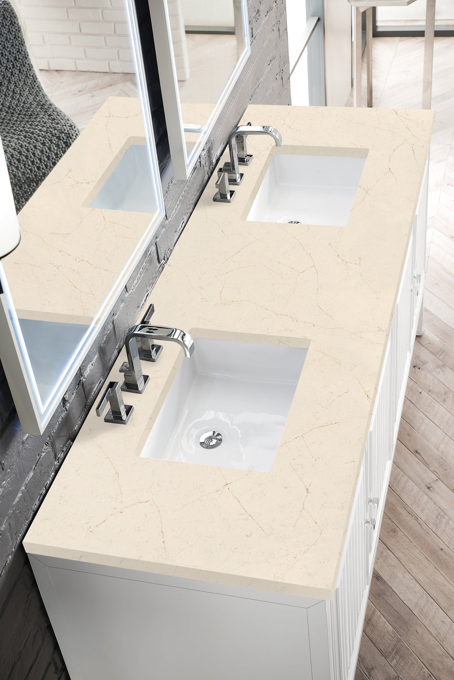 Athens 72" Double Vanity Cabinet, Glossy White, w/ 3 CM Eternal Marfil Top James Martin Vanities