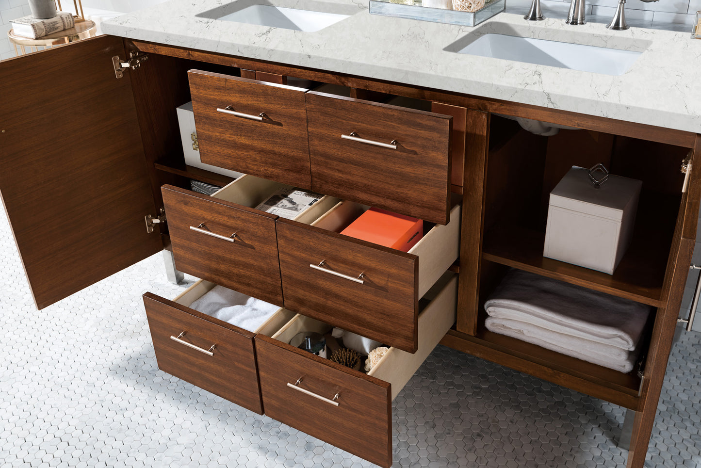 Bathroom Vanities Outlet Atlanta Renovate for LessMetropolitan 60" Double Vanity, American Walnut, w/ 3 CM Eternal Jasmine Pearl Quartz Top