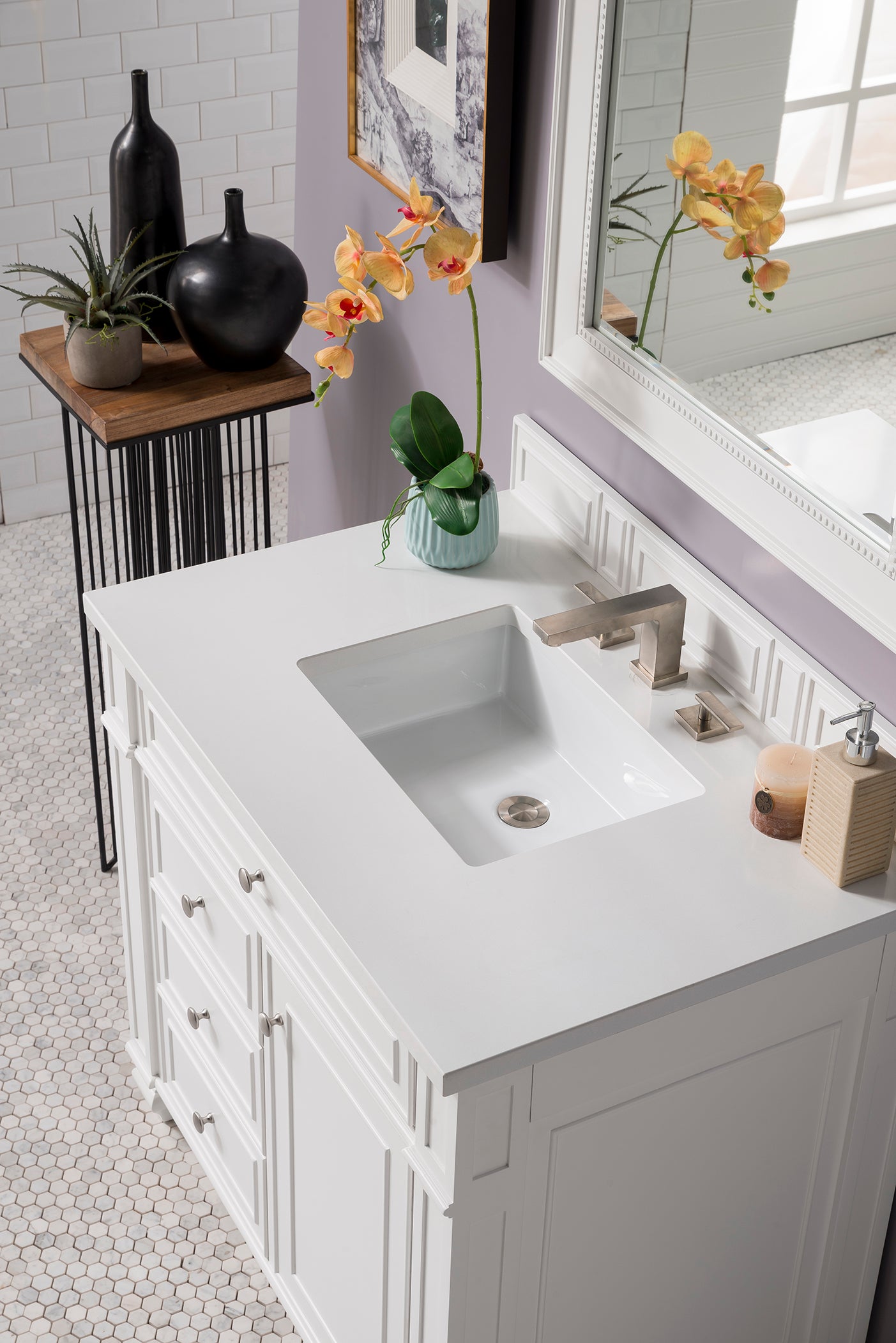 Renovate for Less Atlanta Bristol 36" Single Vanity, Bright White w/ 3 CM White Zeus Silestone Top