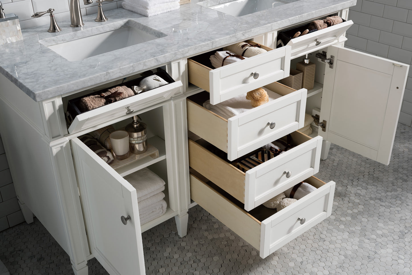 Renovate for Less Atlanta Brittany 60" Double Vanity, Bright White Vanity w/ 3 CM Carrara Marble Top
