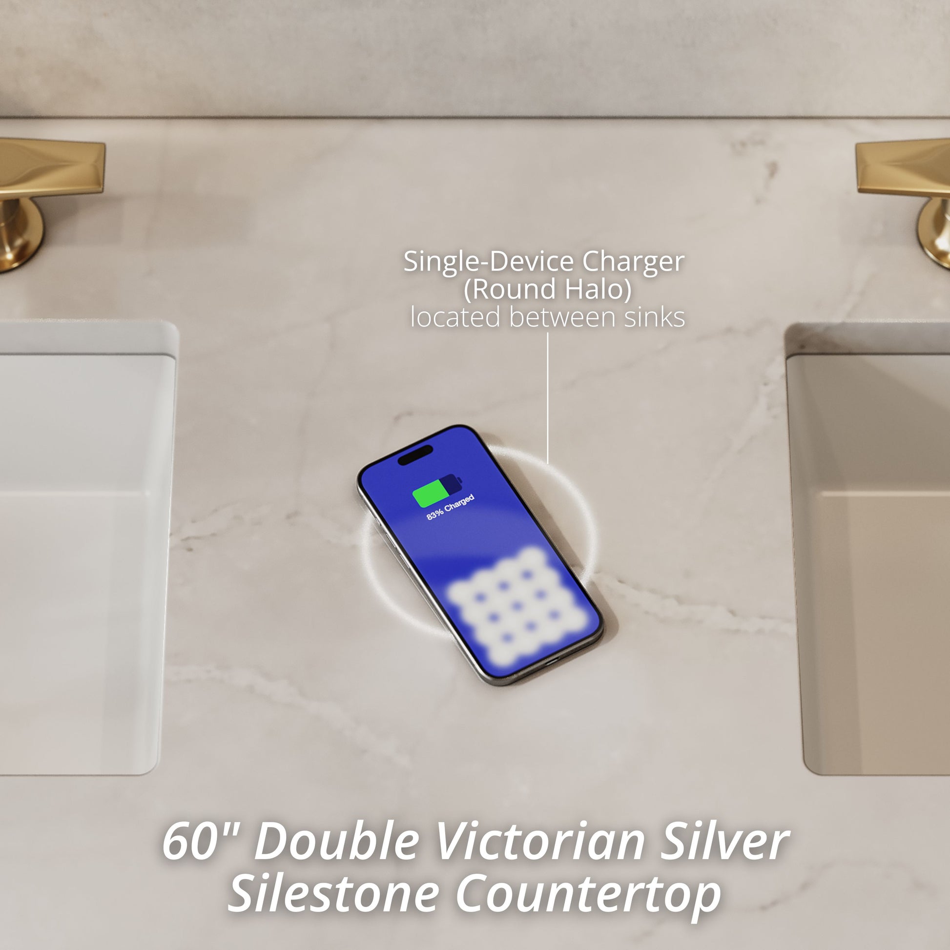 Renovate for Less Atlanta Brittany 60" Double Vanity, Saddle Brown w/ 3 CM Victorian Silver Silestone Top w/FreePower Wireless Charger