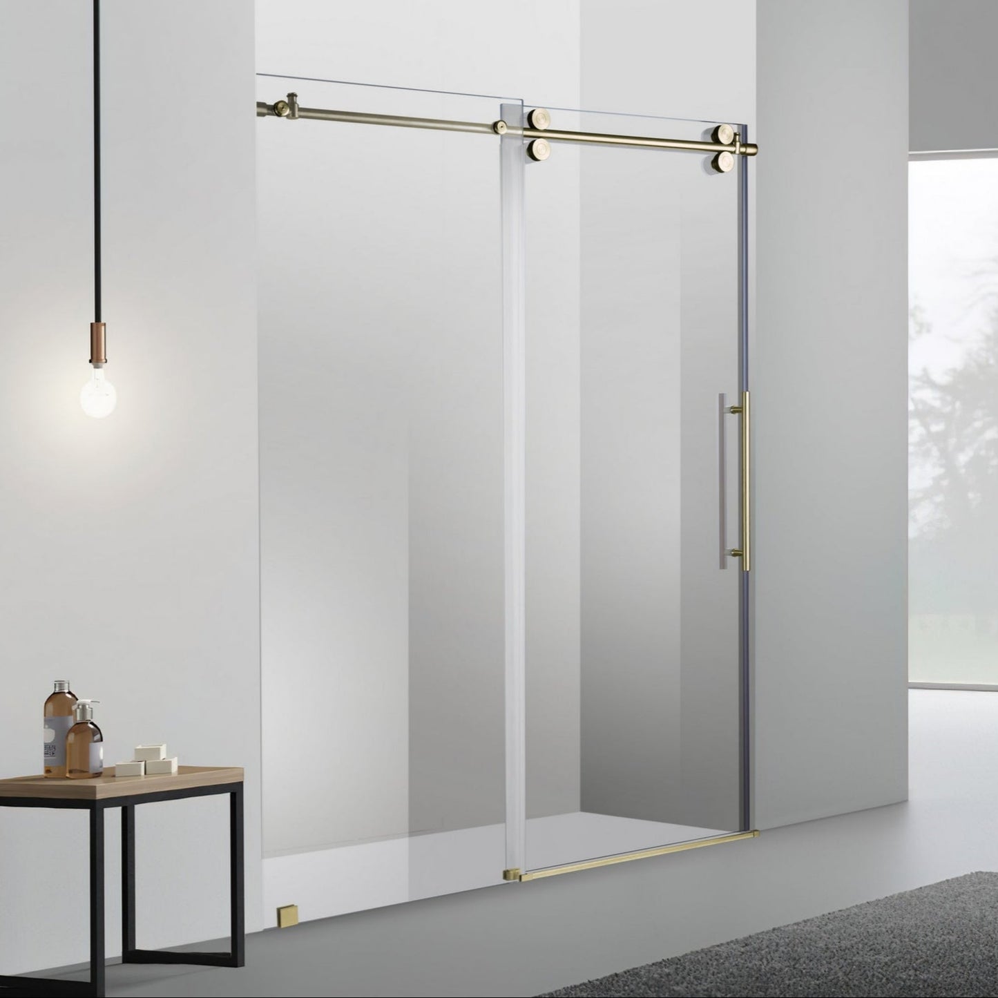 Shower Glass Kits- Sofi Matte Champaign Brushed Gold Brass Bronze 60 inch Frameless Rolling shower door set Discount Clearance Prices