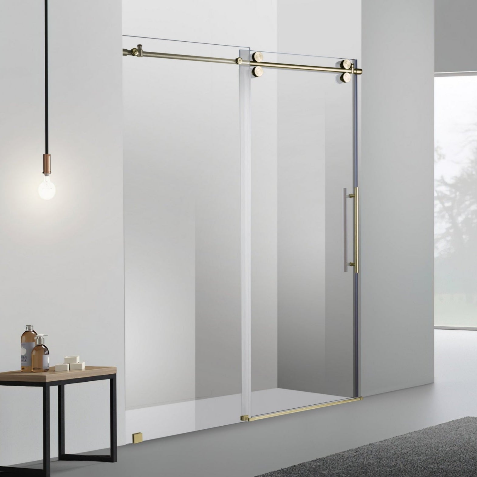 Shower Glass Kits- Sofi Matte Champaign Brushed Gold Brass Bronze 60 inch Frameless Rolling shower door set Discount Clearance Prices