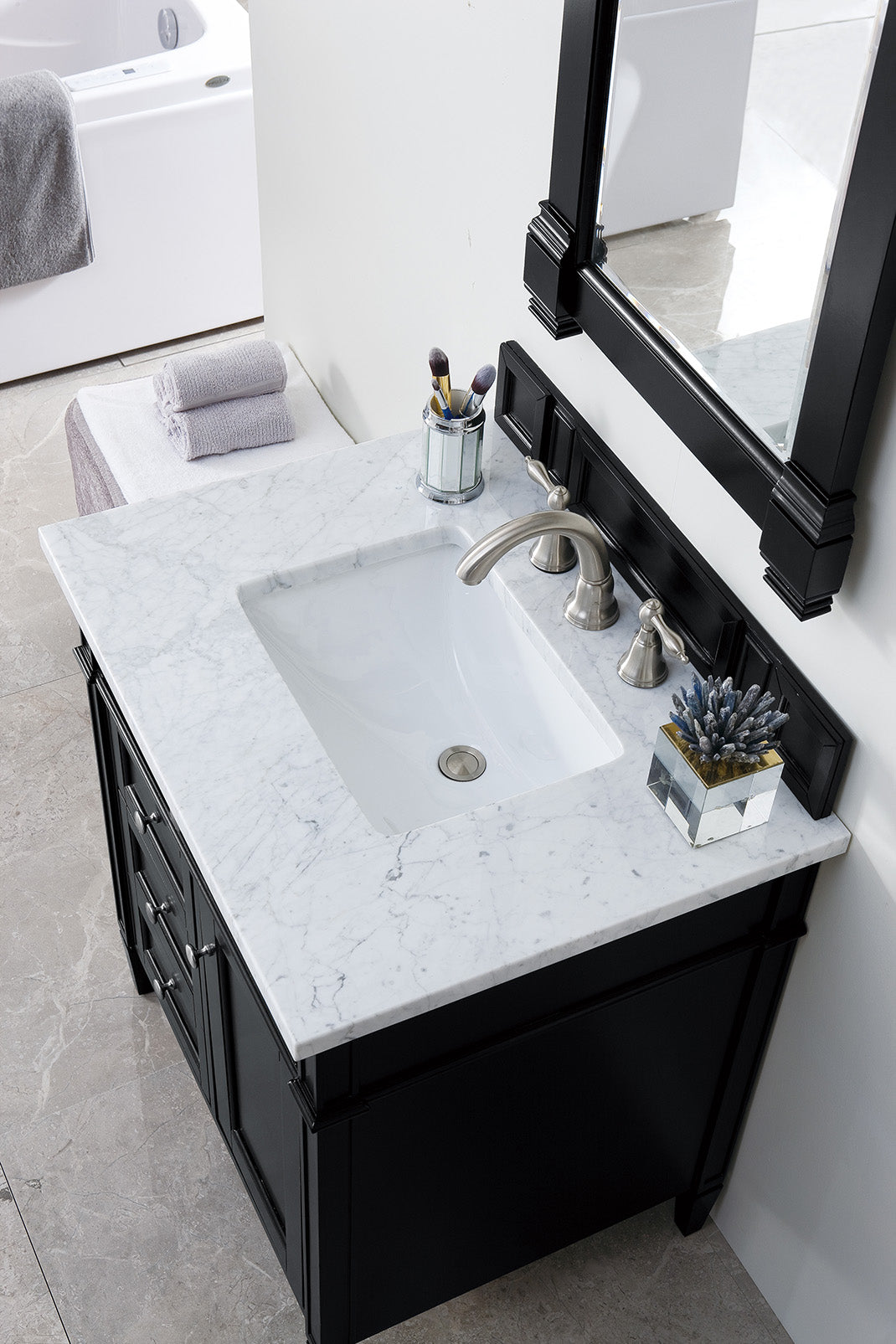 Renovate for Less Atlanta Brittany 30" Single Vanity, Black Onyx w/ 3 CM Carrara Marble Top