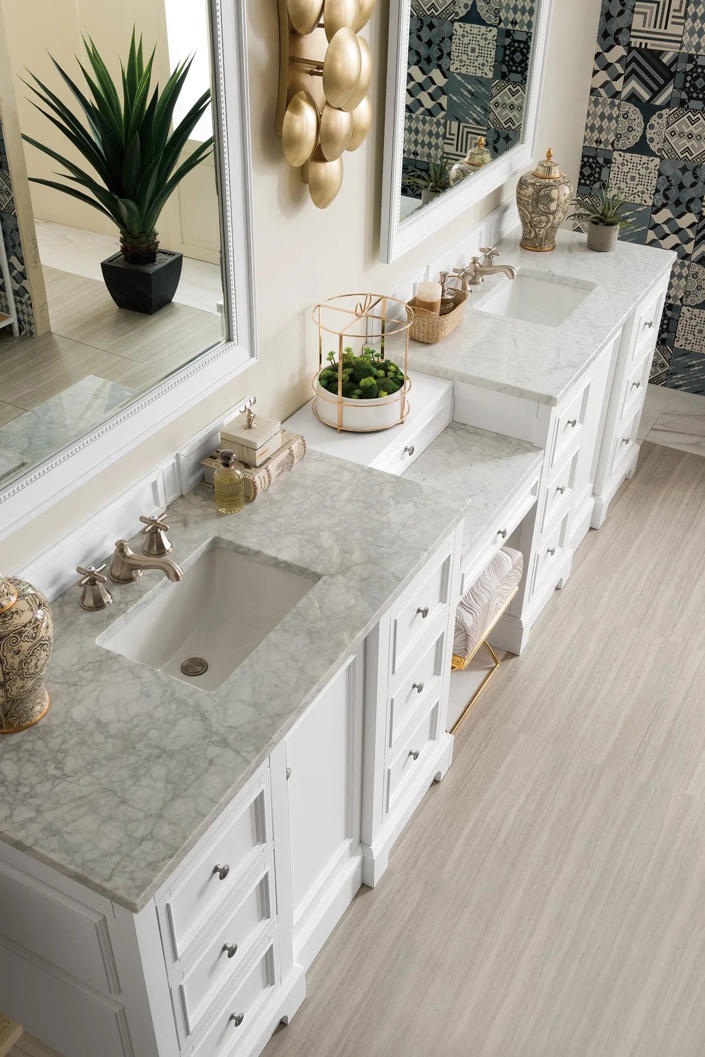 De Soto 118" Double Vanity Set, Bright White w/ 3 CM Carrara Marble Top