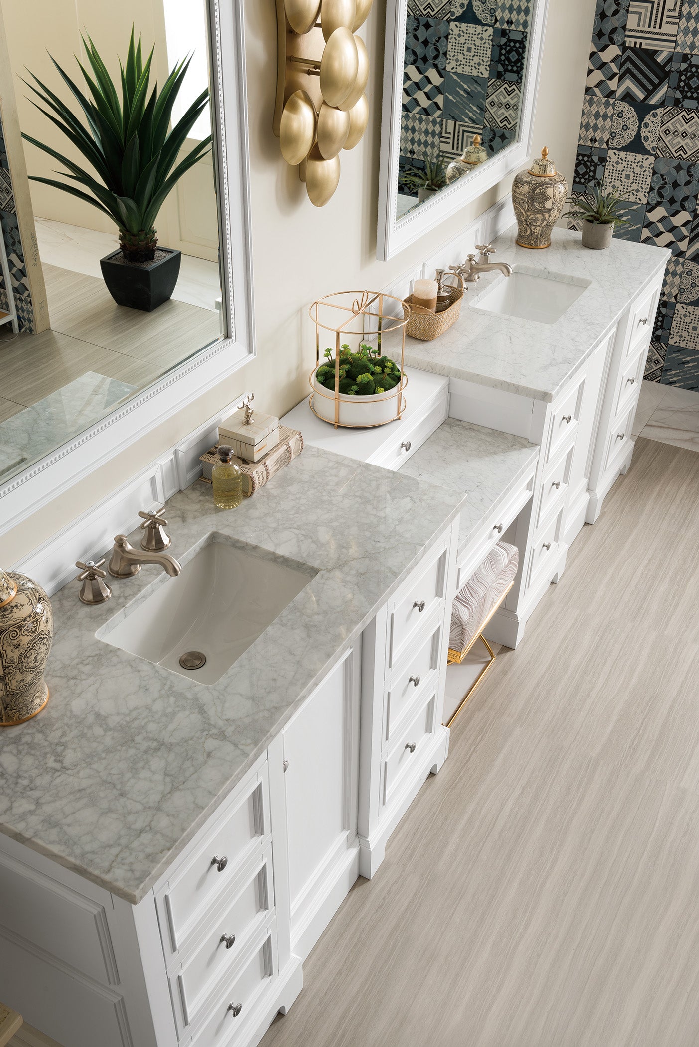 Renovate for Less Atlanta De Soto 118" Double Vanity Set, Bright White w/ 3 CM Carrara Marble Top