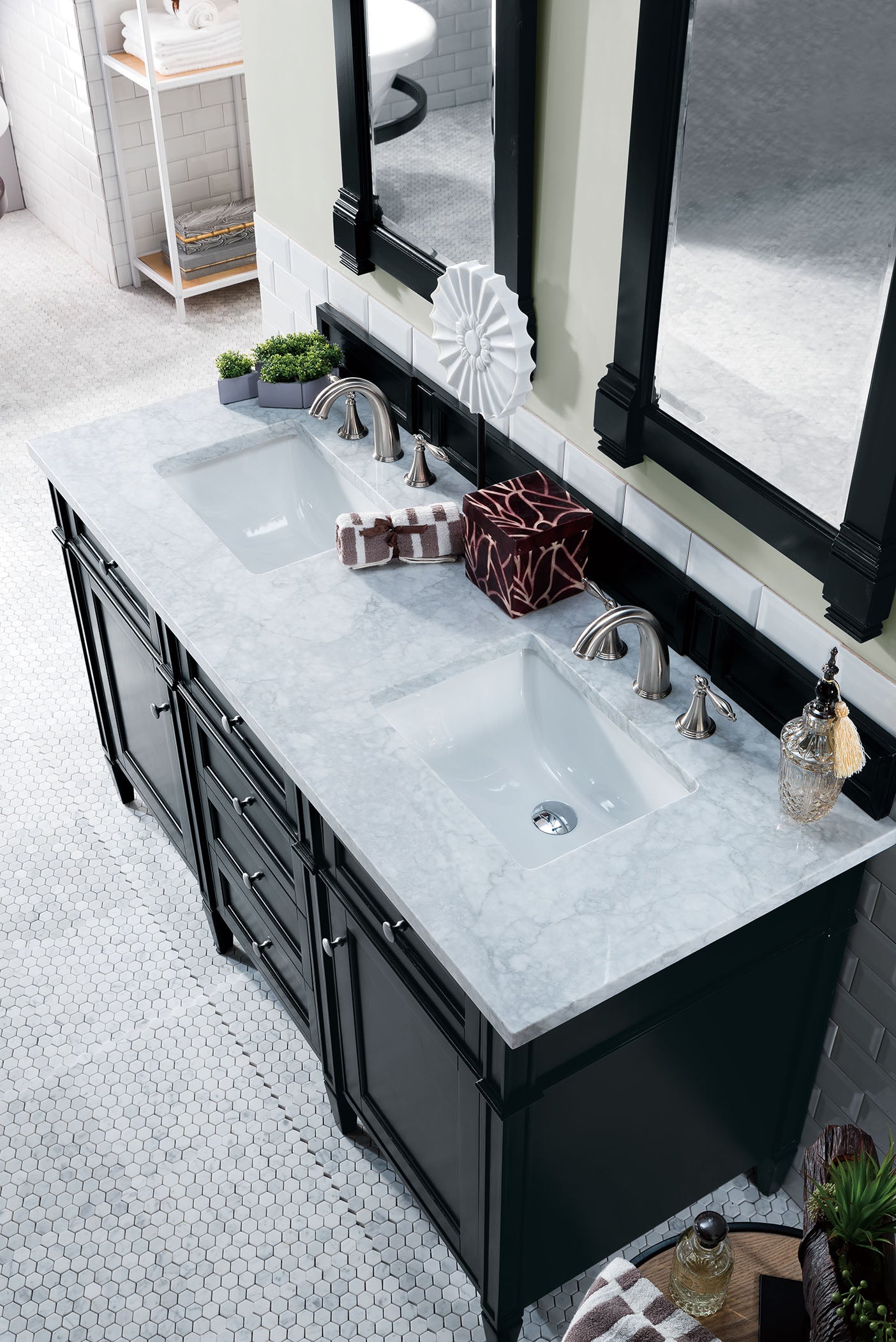 Renovate for Less Atlanta Brittany 60" Double Vanity, Black Onyx w/ 3 CM Carrara Marble Top