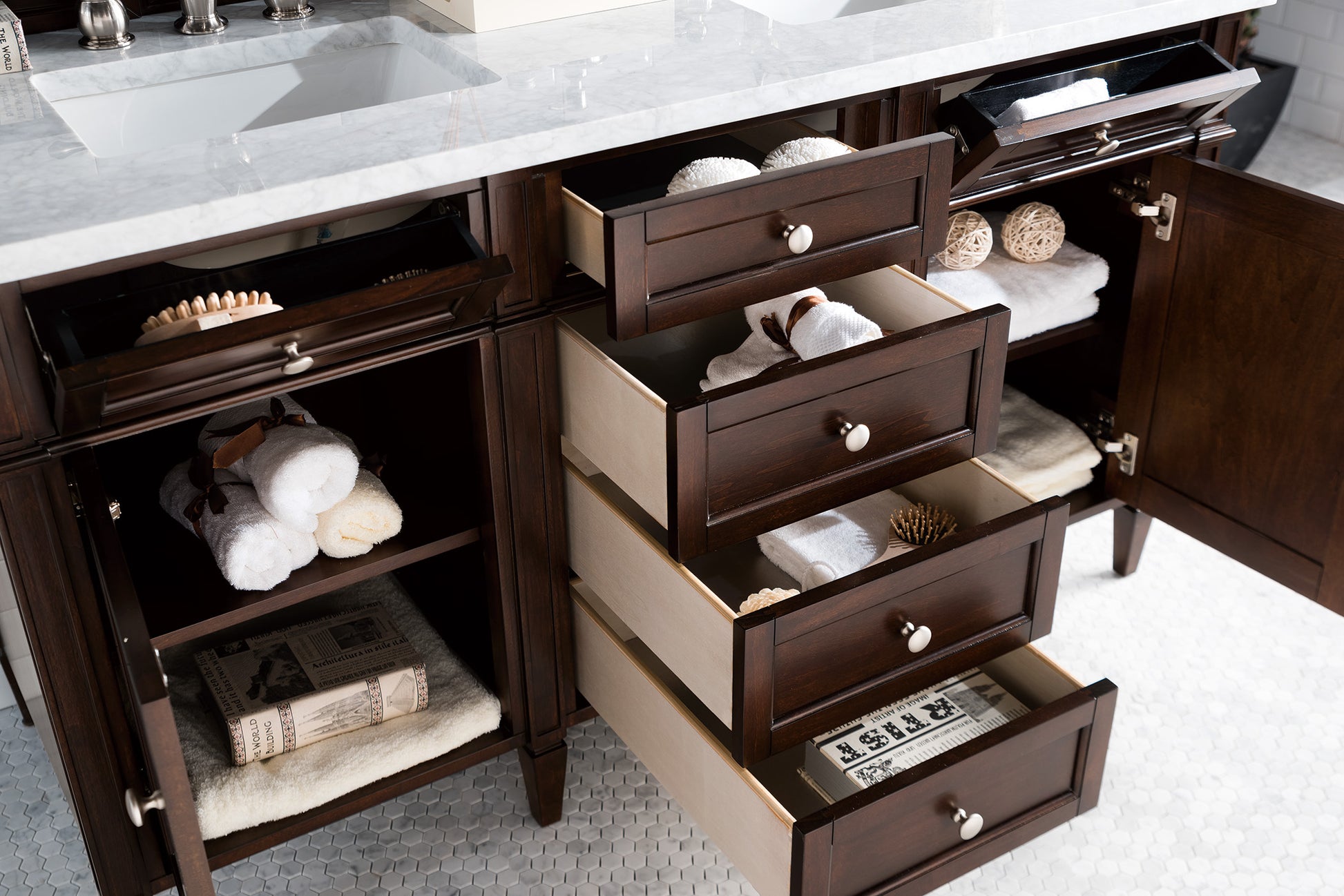 Renovate for Less Atlanta Brittany 60" Double Vanity, Burnished Mahogany w/ 3 CM Carrara Marble Top