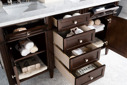 Renovate for Less Atlanta Brittany 60" Double Vanity, Burnished Mahogany w/ 3 CM Carrara Marble Top