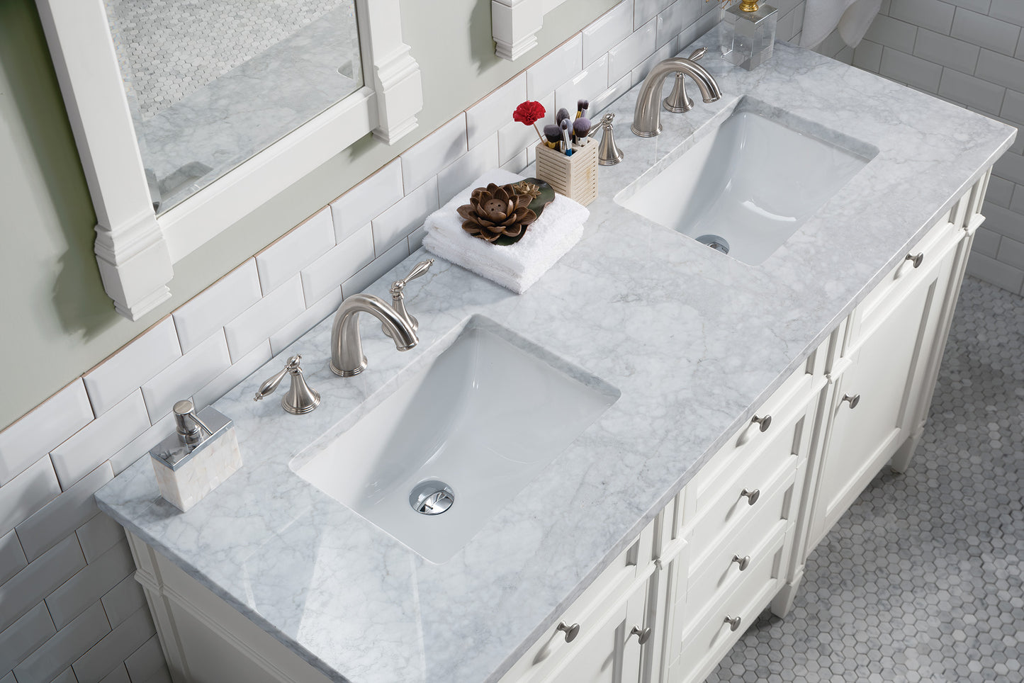 Renovate for Less Atlanta Brittany 60" Double Vanity, Bright White Vanity w/ 3 CM Carrara Marble Top