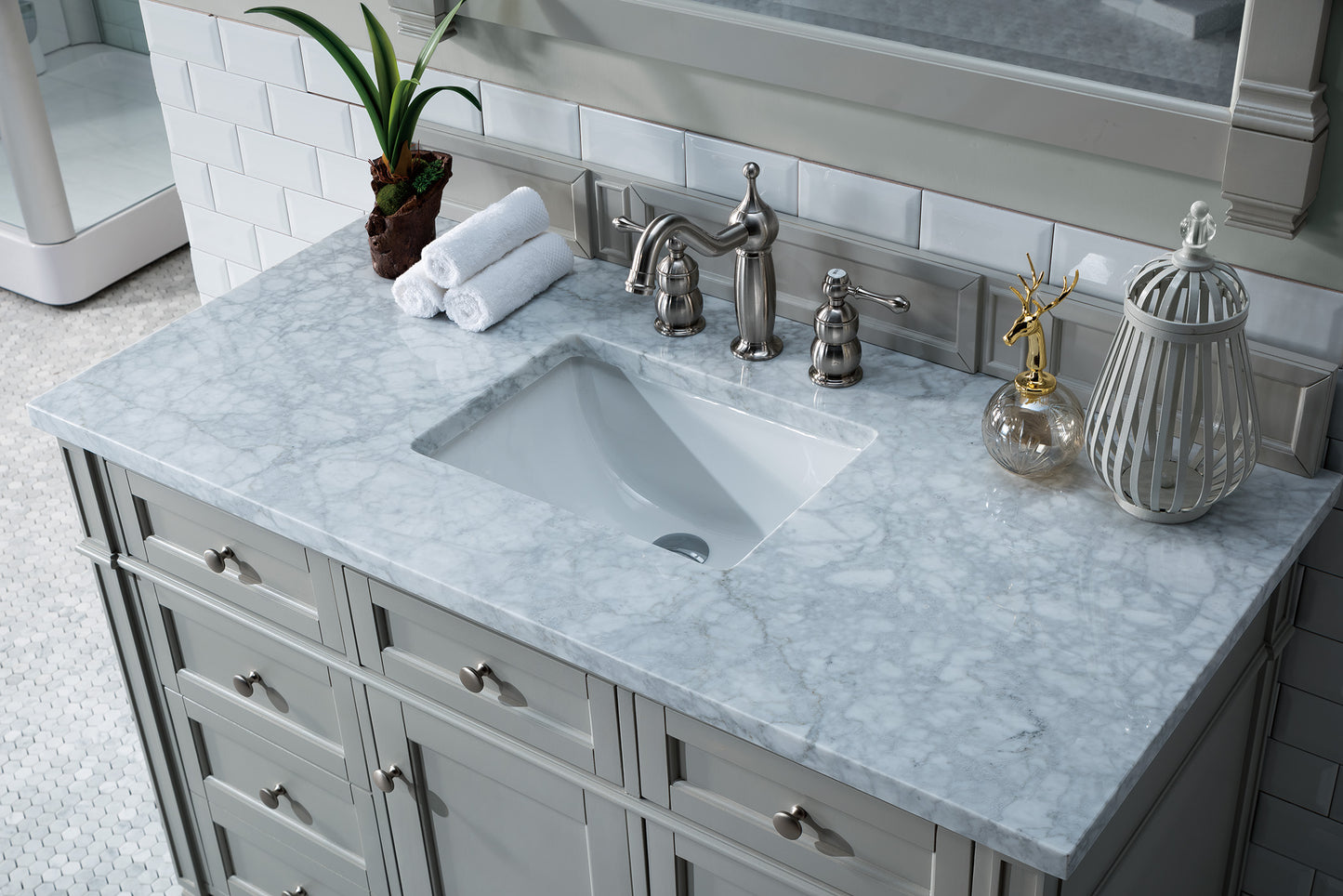 Renovate for Less Atlanta Brittany 48" Single Vanity, Urban Gray w/ 3 CM Carrara Marble Top