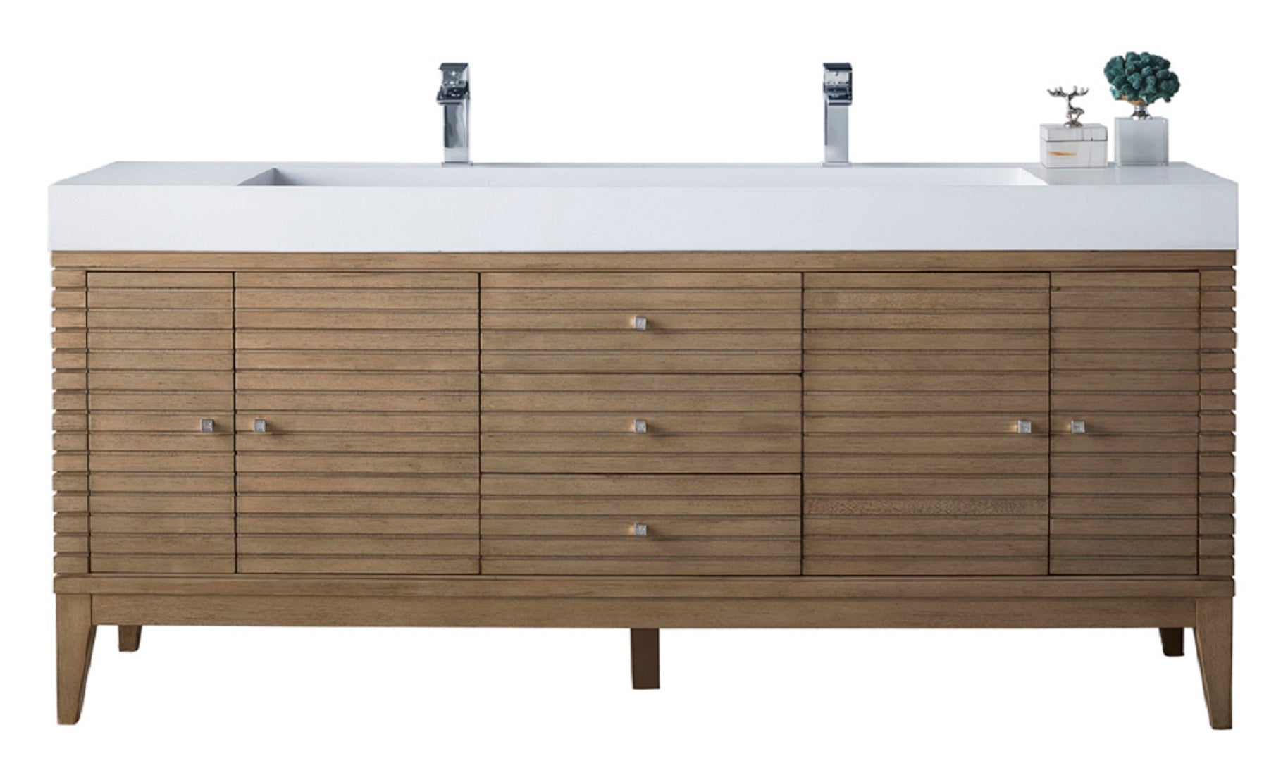 Renovate for Less Atlanta Linear 72" Double Vanity Whitewashed Walnut w/ Glossy White Composite Stone Top