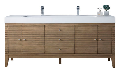 Renovate for Less Atlanta Linear 72" Double Vanity Whitewashed Walnut w/ Glossy White Composite Stone Top