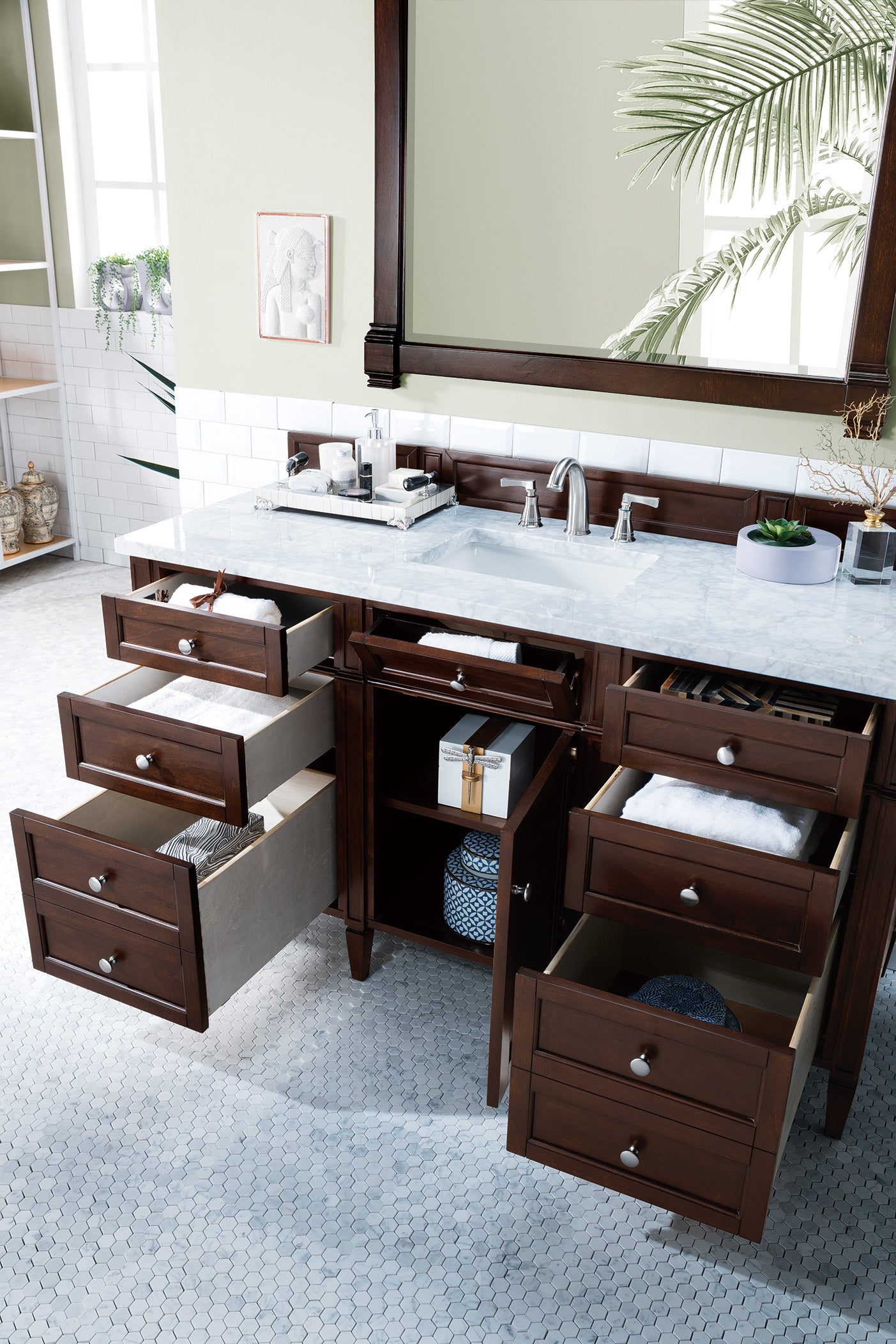 Renovate for Less Atlanta Brittany 60" Single Vanity, Burnished Mahogany w/ 3 CM Carrara Marble Top