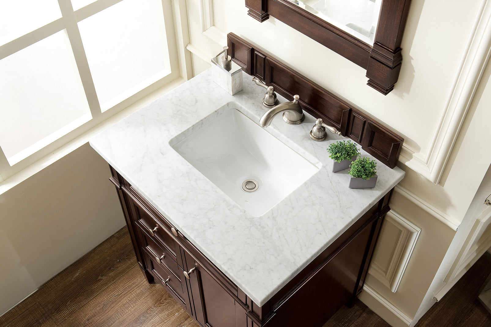 Renovate for Less Atlanta Brittany 30" Single Vanity, Burnished Mahogany w/ 3 CM Carrara Marble Top