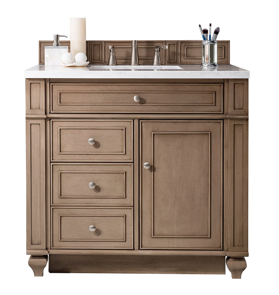 Renovate for Less Atlanta Bristol 36" Single Vanity, Whitewashed Walnut w/ 3 CM White Zeus Silestone Top