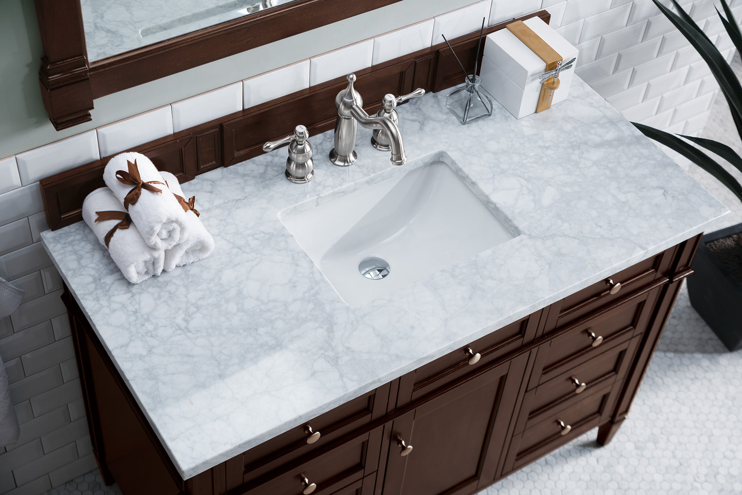 Renovate for Less Atlanta Brittany 48" Single Vanity, Burnished Mahogany w/ 3 CM Carrara Marble Top
