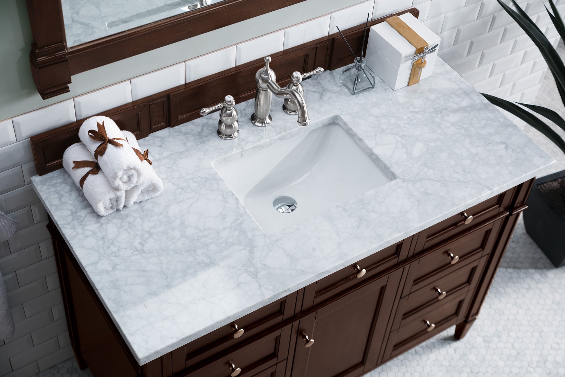 Renovate for Less Atlanta Brittany 48" Single Vanity, Burnished Mahogany w/ 3 CM Carrara Marble Top