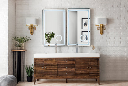 Renovate for Less Atlanta Linear 72" Double Vanity, Mid-Century Walnut w/ Glossy White Composite Stone Top