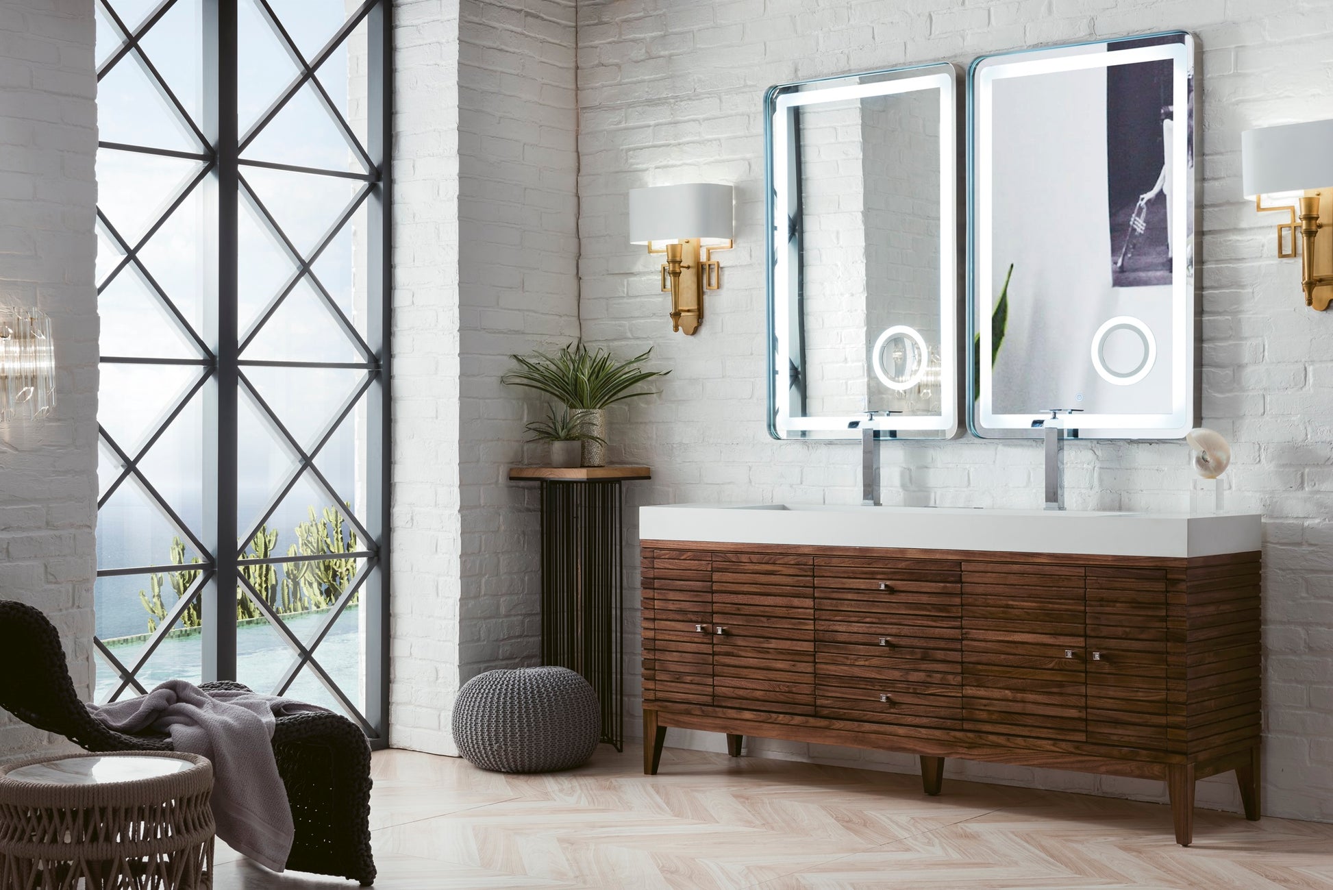 Renovate for Less Atlanta Linear 72" Double Vanity, Mid-Century Walnut w/ Glossy White Composite Stone Top