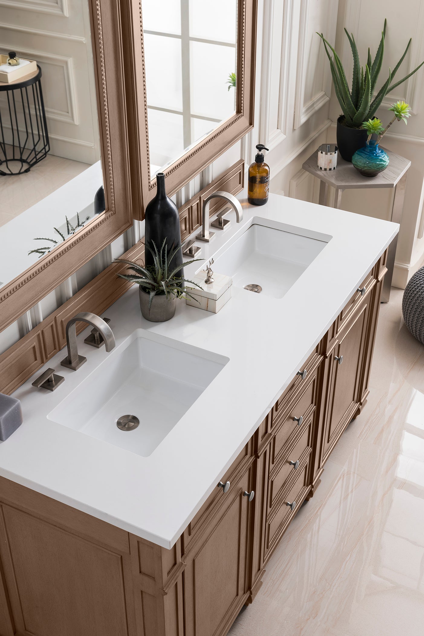 Renovate for Less Atlanta Bristol 60" Double Vanity, Whitewashed Walnut w/ 3 CM White Zeus Silestone Top