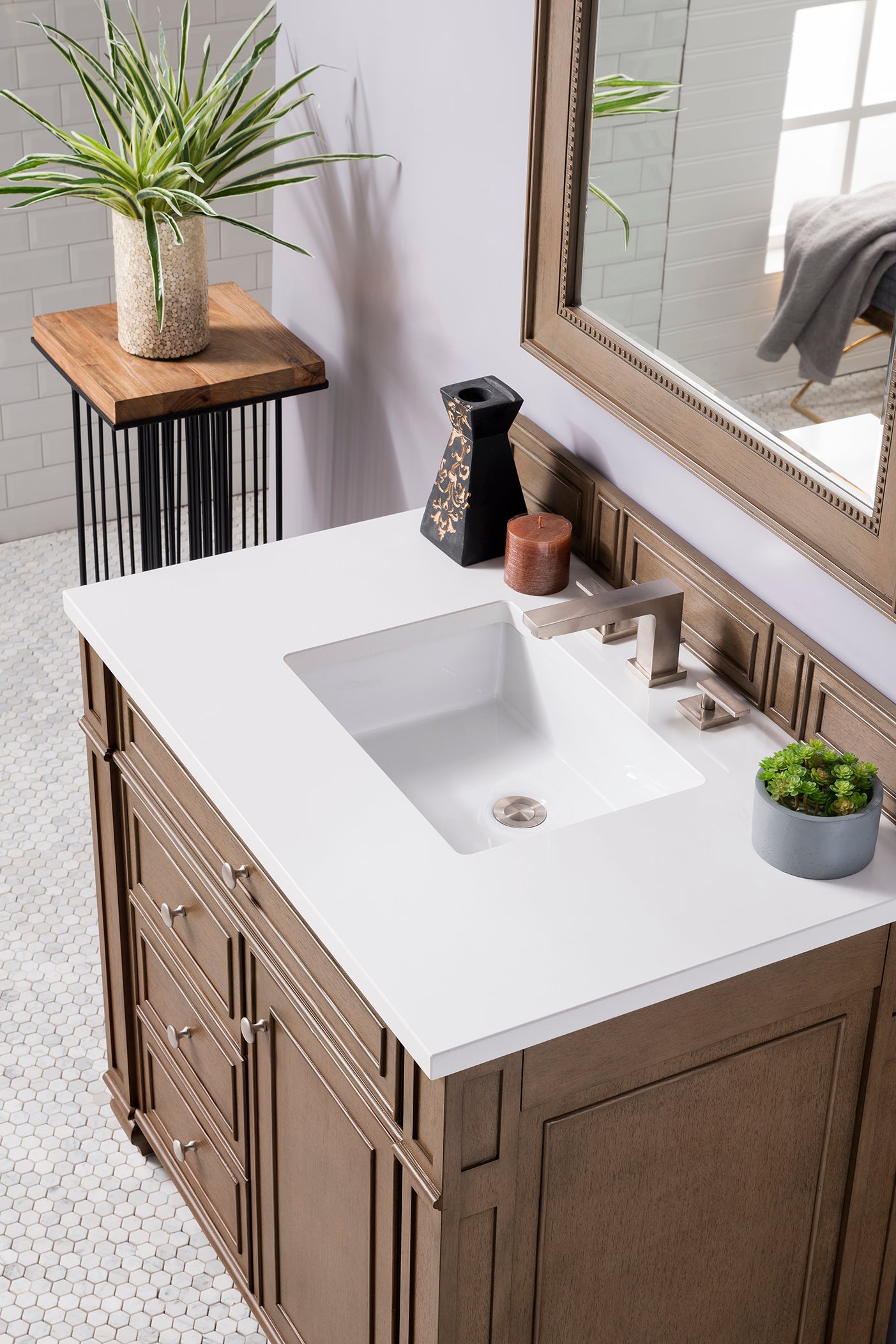Renovate for Less Atlanta Bristol 36" Single Vanity, Whitewashed Walnut w/ 3 CM White Zeus Silestone Top