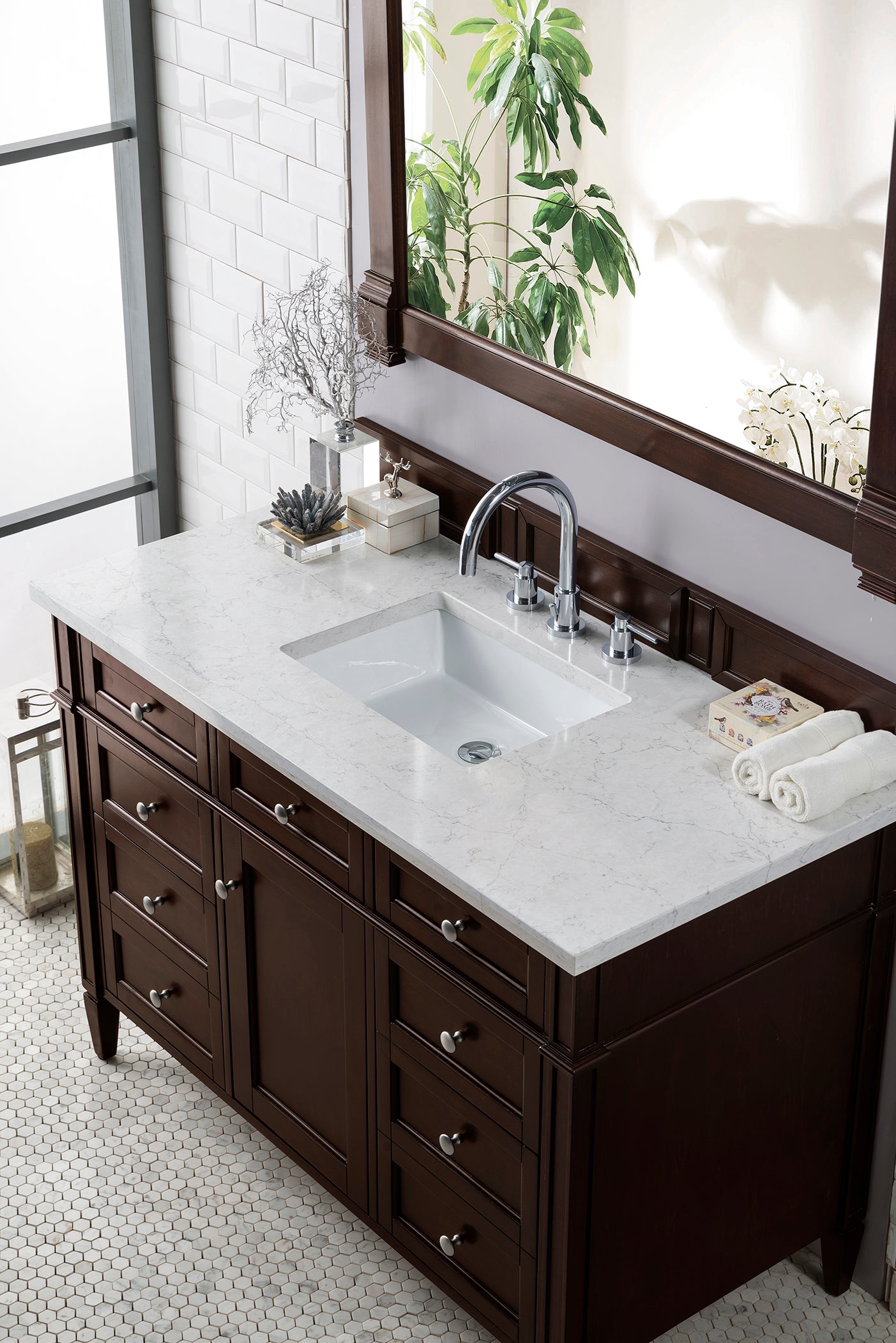 Renovate for Less Atlanta Brittany 48" Single Vanity, Burnished Mahogany w/ 3 CM Eternal Jasmine Pearl Silestone Top w/FreePower Wireless Charger