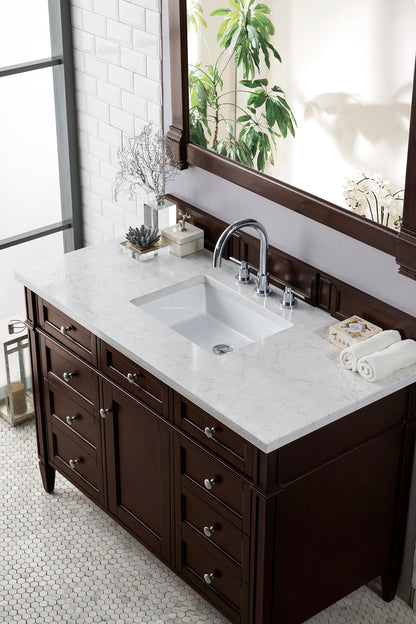 Renovate for Less Atlanta Brittany 48" Single Vanity, Burnished Mahogany w/ 3 CM Eternal Jasmine Pearl Silestone Top w/FreePower Wireless Charger