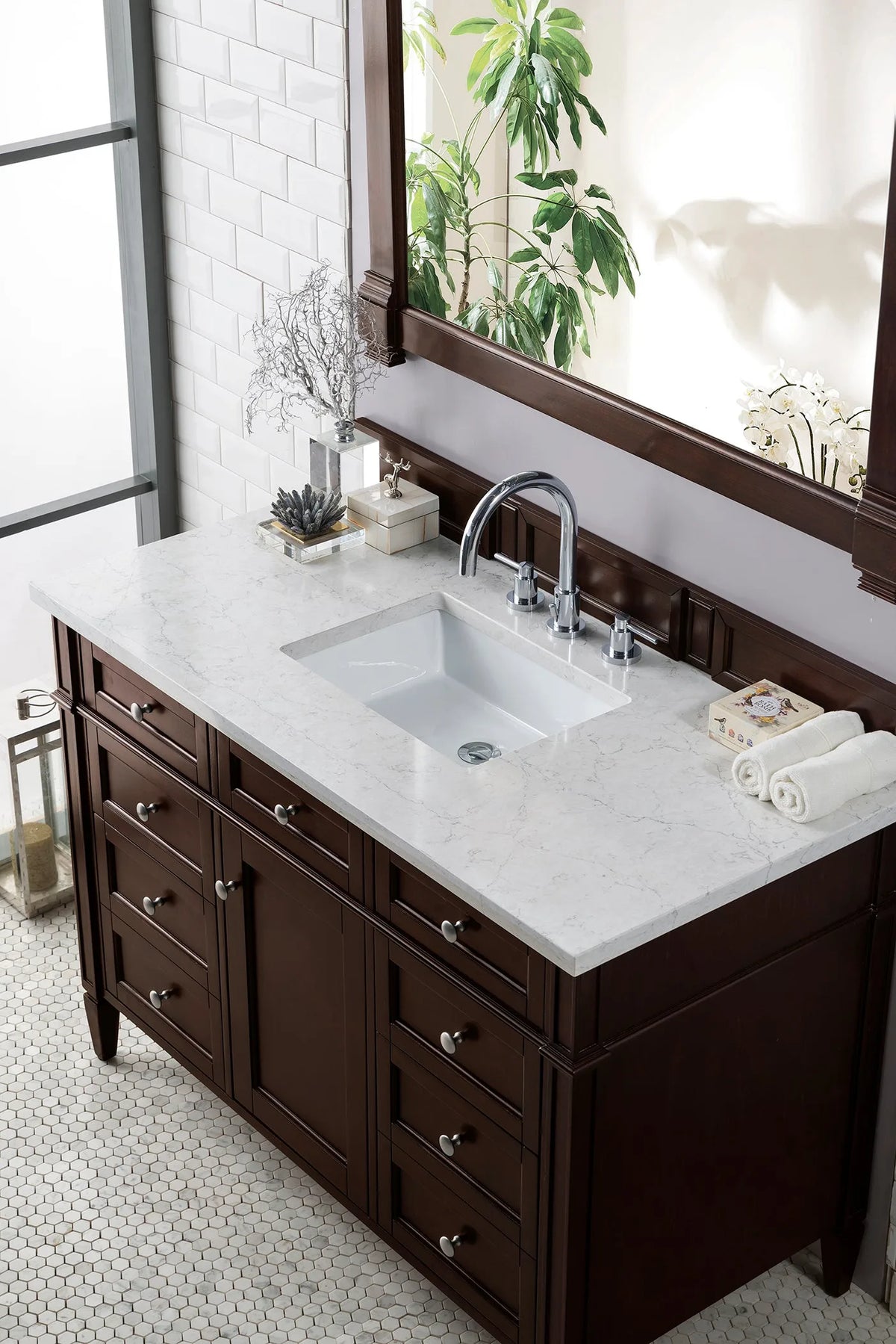 Brittany 48" Single Vanity, Burnished Mahogany w/ 3 CM Eternal Jasmine Pearl Silestone Top w/FreePower Wireless Charger
