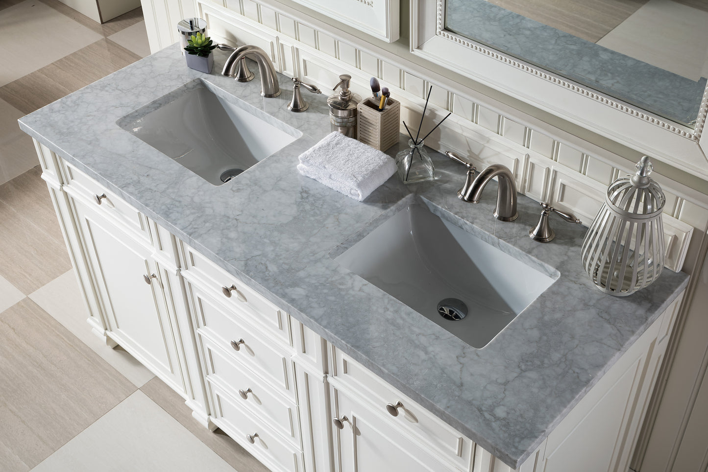 Renovate for Less Atlanta Bristol 60" Double Vanity, Bright White w/ 3 CM Carrara Marble Top