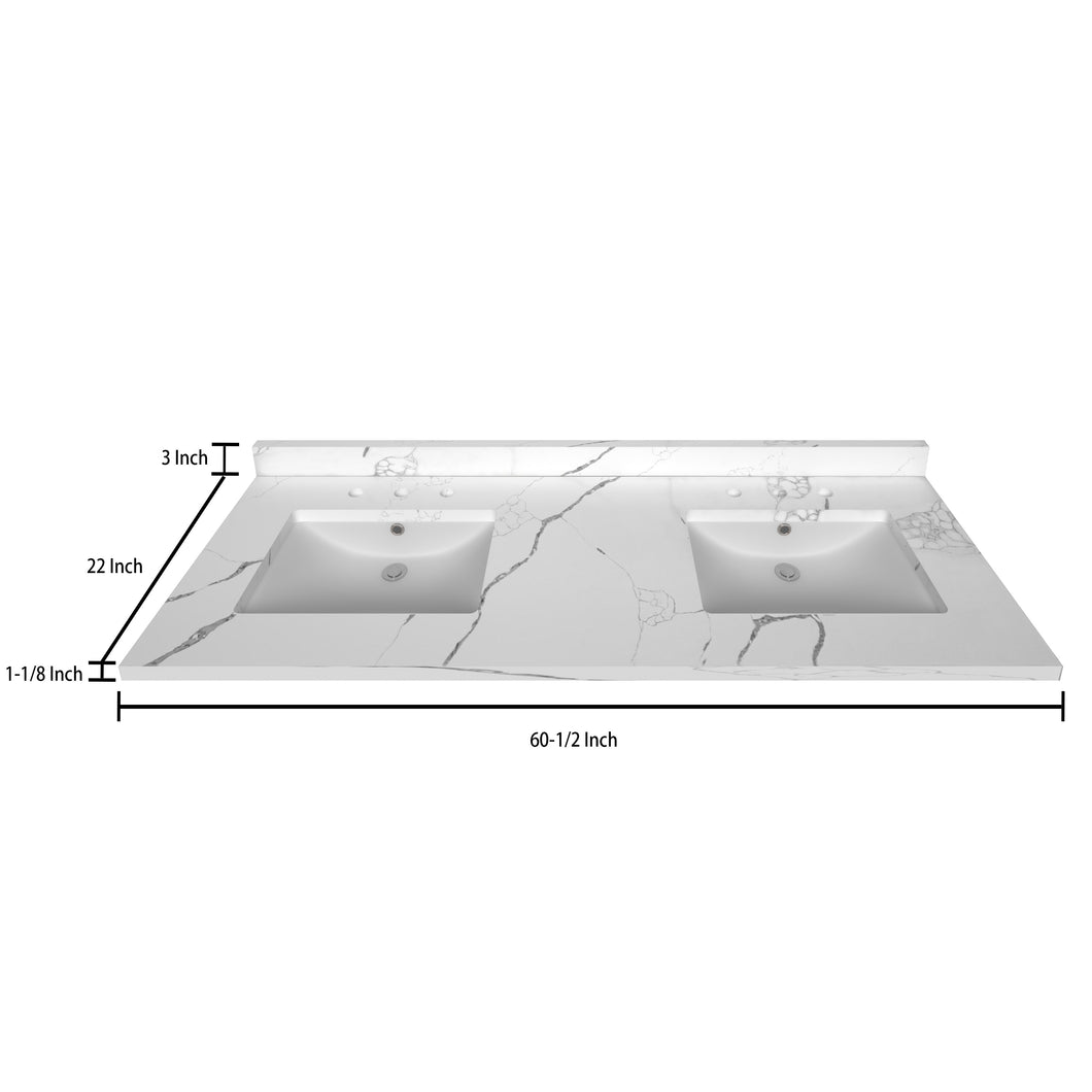 Stock Top 3 CM Calacatta White Quartz 60.5 Double In W x 22 In D Bathroom Vanities Outlet