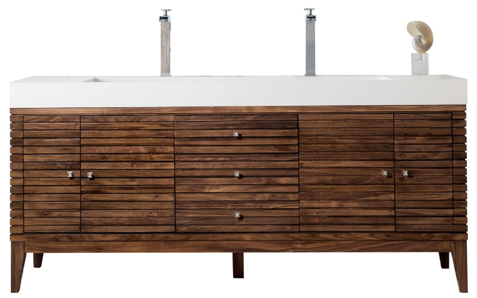 Renovate for Less Atlanta Linear 72" Double Vanity, Mid-Century Walnut w/ Glossy White Composite Stone Top