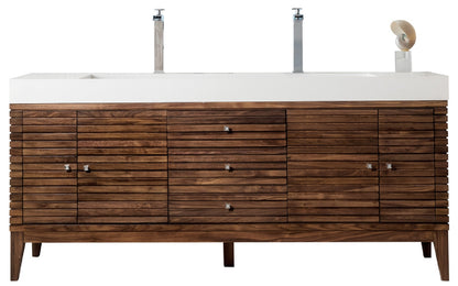Renovate for Less Atlanta Linear 72" Double Vanity, Mid-Century Walnut w/ Glossy White Composite Stone Top