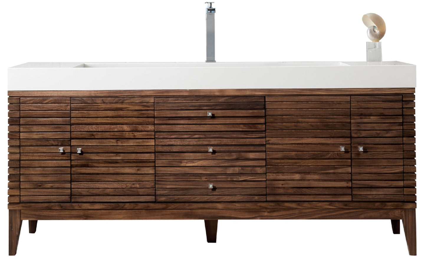 Renovate for Less Atlanta Linear 72" Single Vanity, Mid-Century Walnut w/ Glossy White Composite Stone Top