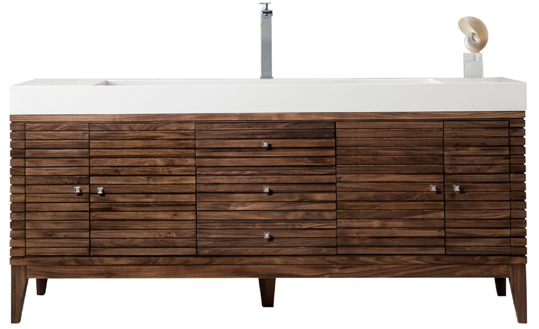 Renovate for Less Atlanta Linear 72" Single Vanity, Mid-Century Walnut w/ Glossy White Composite Stone Top