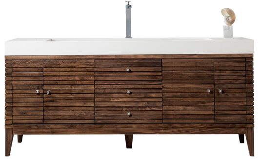 Renovate for Less Atlanta Linear 72" Single Vanity, Mid-Century Walnut w/ Glossy White Composite Stone Top