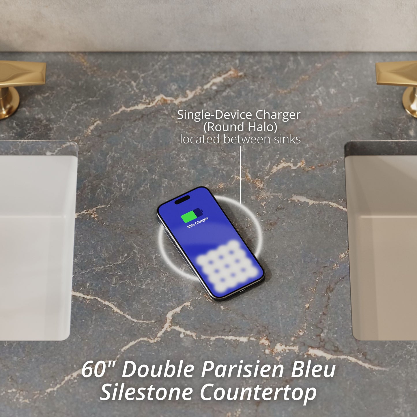 Renovate for Less Atlanta Brookfield 60" Double Vanity, Pecan w/ 3 CM Parisien Bleu Silestone Top w/FreePower Wireless Charger