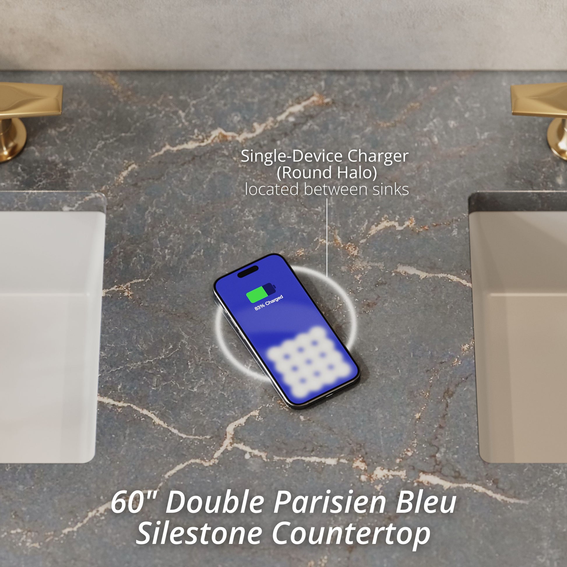 Renovate for Less Atlanta Brookfield 60" Double Vanity, Pecan w/ 3 CM Parisien Bleu Silestone Top w/FreePower Wireless Charger