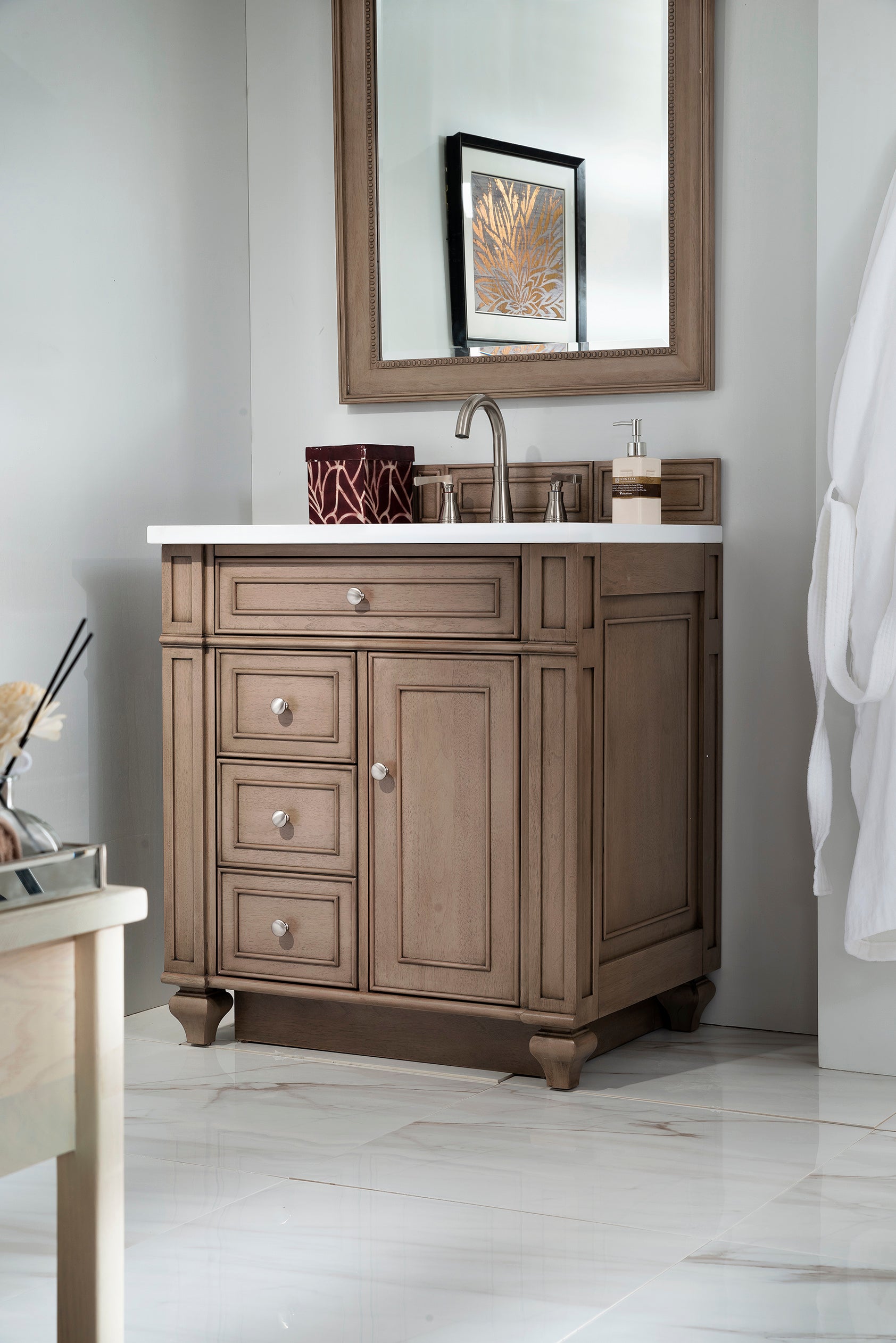 Renovate for Less Atlanta Bristol 30" Single Vanity, Whitewashed Walnut w/ 3 CM White Zeus Silestone Top