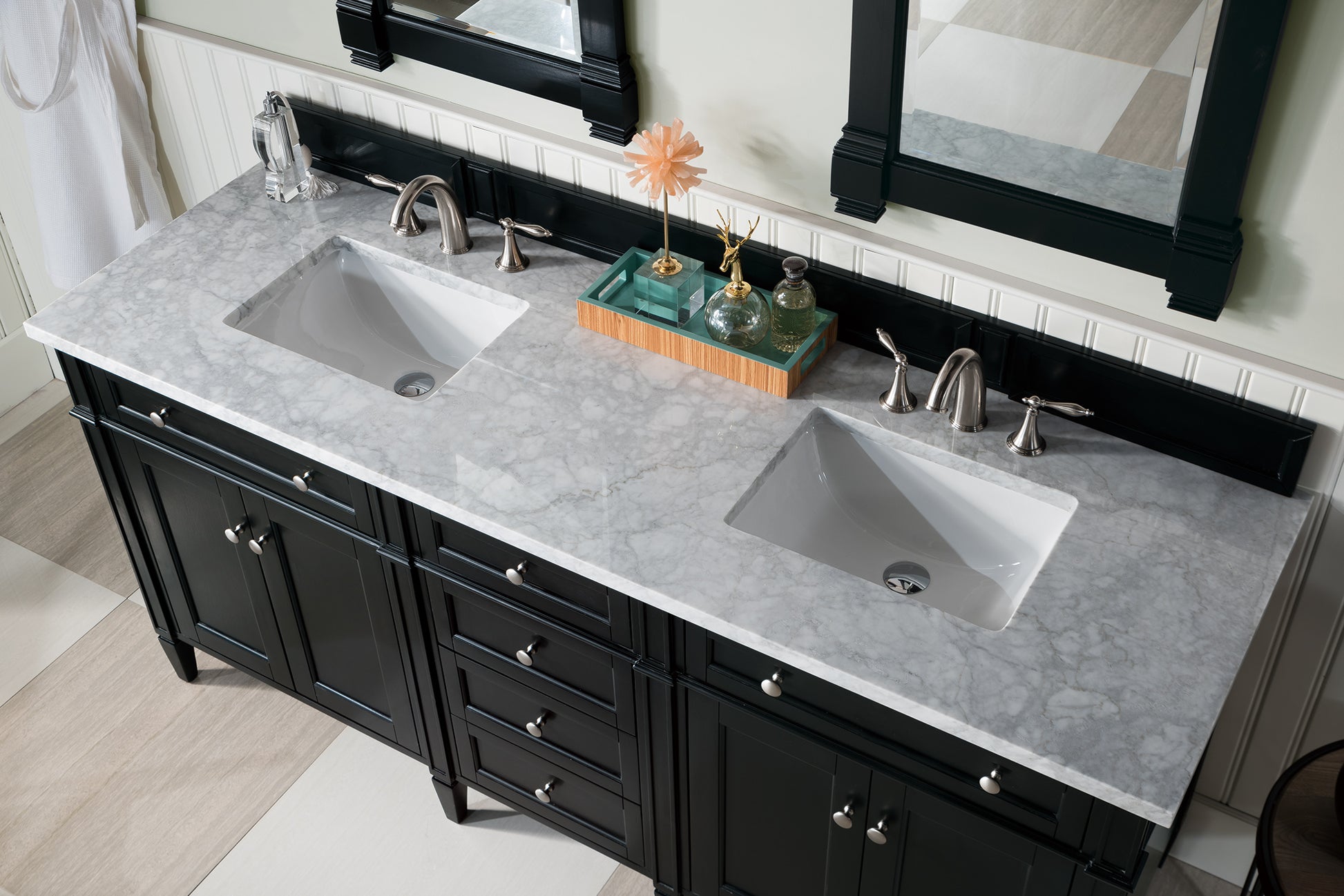 Renovate for Less Atlanta Brittany 72" Double Vanity, Black Onyx w/ 3 CM Carrara Marble Top