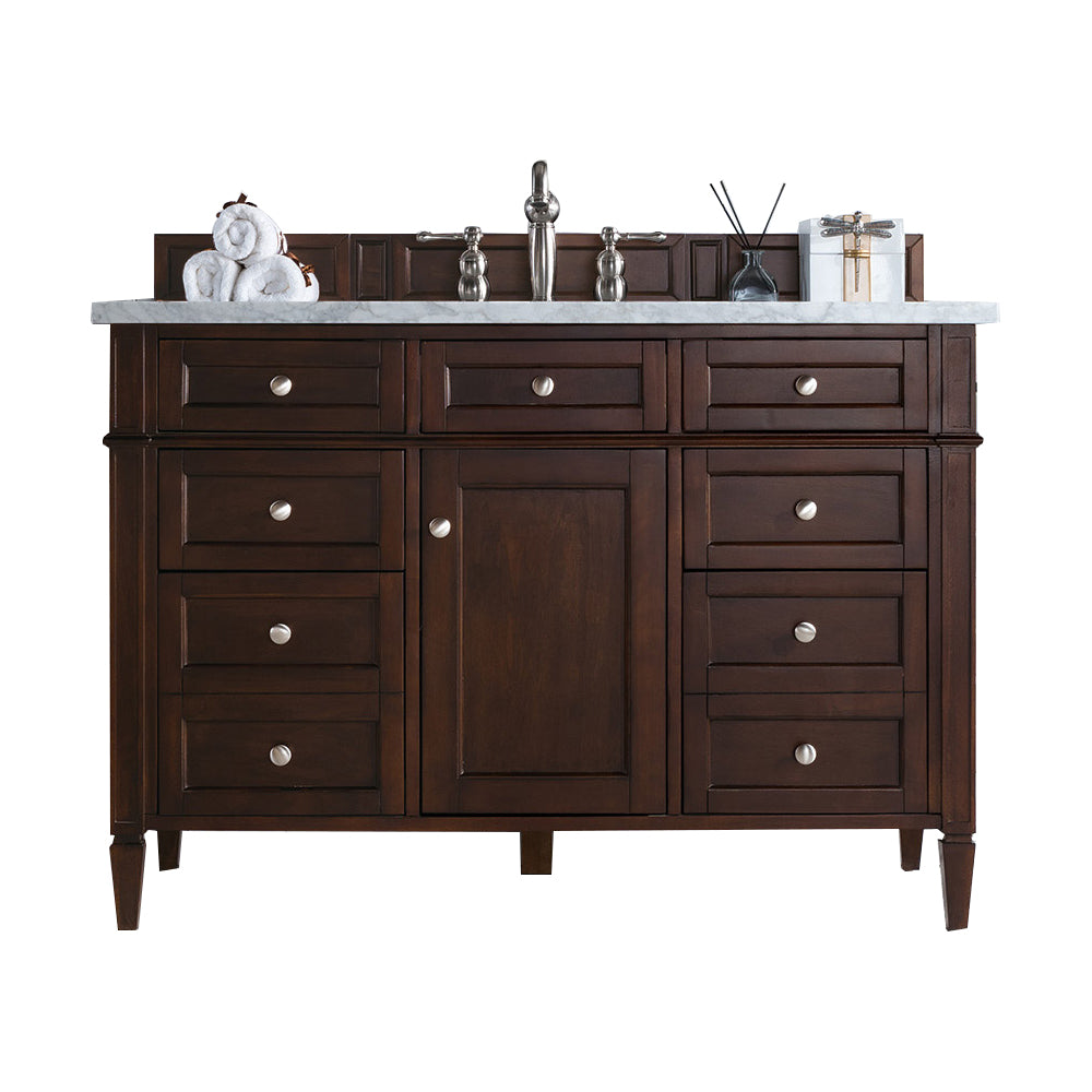 Renovate for Less Atlanta Brittany 48" Single Vanity, Burnished Mahogany w/ 3 CM Eternal Jasmine Pearl Silestone Top w/FreePower Wireless Charger
