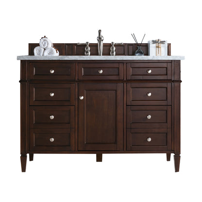 Renovate for Less Atlanta Brittany 48" Single Vanity, Burnished Mahogany w/ 3 CM Eternal Jasmine Pearl Silestone Top w/FreePower Wireless Charger