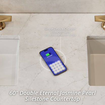 Renovate for Less Atlanta Amberly 60" Double Vanity, Mid-Century Walnut w/ 3 CM Eternal Jasmine Pearl Top w/FreePower Wireless Charger