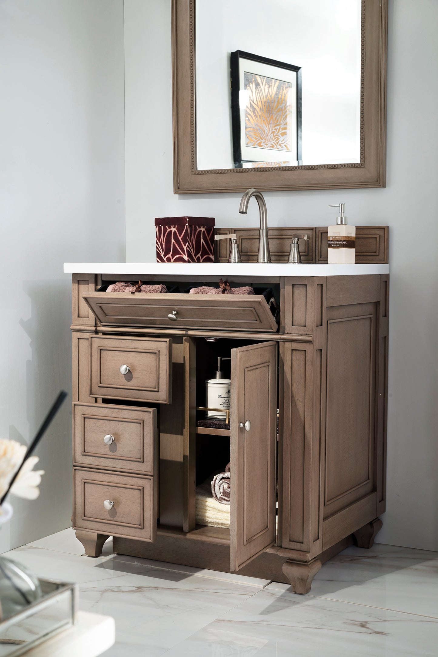 Renovate for Less Atlanta Bristol 30" Single Vanity, Whitewashed Walnut w/ 3 CM White Zeus Silestone Top