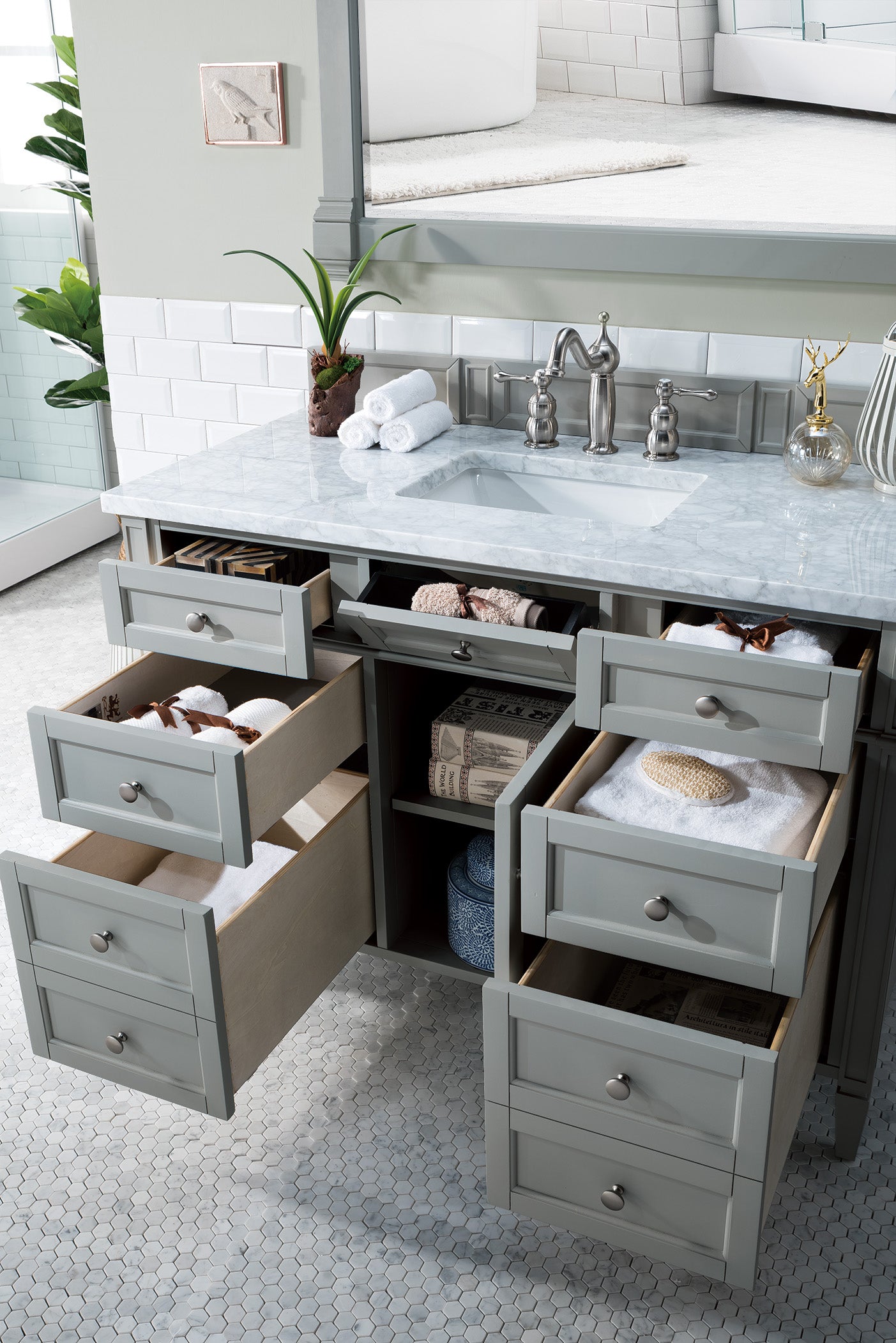 Renovate for Less Atlanta Brittany 48" Single Vanity, Urban Gray w/ 3 CM Carrara Marble Top