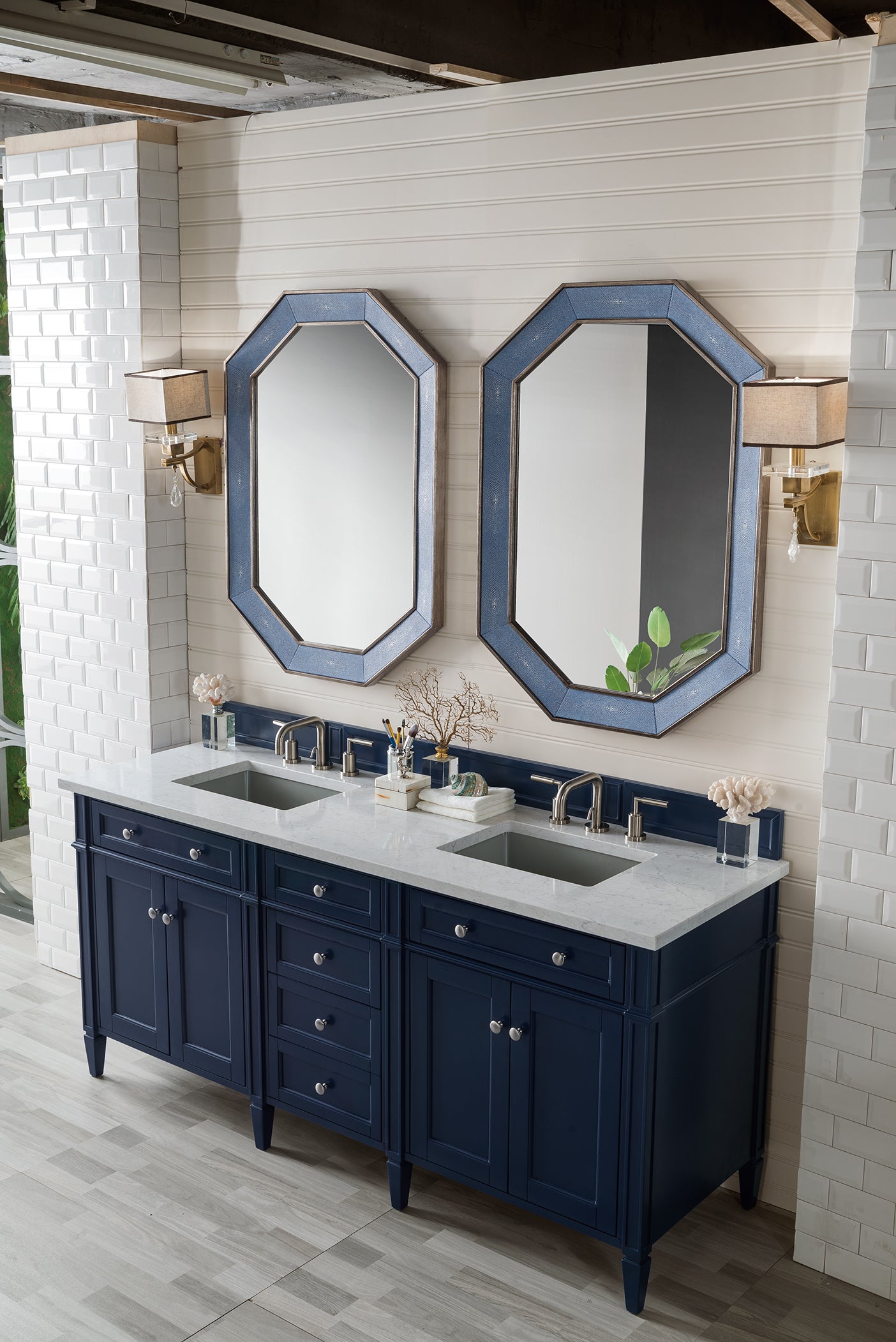 Renovate for Less Atlanta Brittany 72" Double Vanity, Victory Blue w/ 3 CM Eternal Jasmine Pearl Silestone Top w/FreePower Wireless Charger